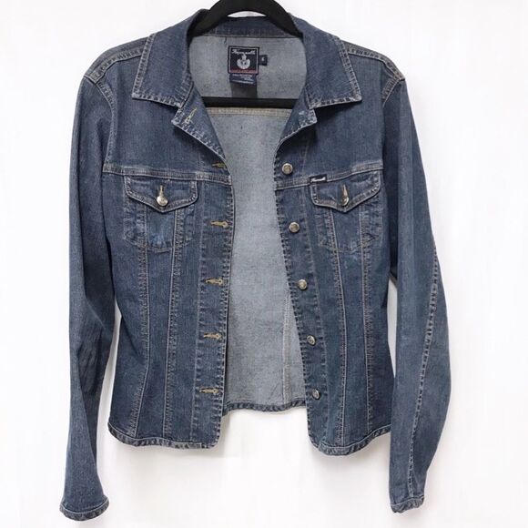 Faconnable Jean Jacket Y2K Fitted Stretch Denim Distressed Vintage Wash Size S - Picture 4 of 14